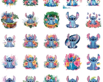 Stitch Watercolor PNG Bundle, Cute Cartoon Character Clipart, Floral Sublimation Set, Digital Tropical Art, Instant Download