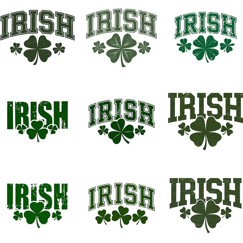 Puede incluir: Nueve variaciones de la palabra "Irish" en texto verde con dise&ntilde;os de tr&eacute;boles. La palabra "Irish" est&aacute; en una fuente de estilo vintage.