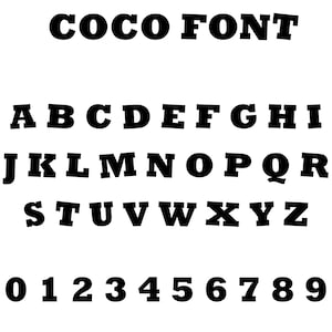 May include: Black and white image of the alphabet in a bold, blocky font style. The letters are uppercase and the numbers 0-9 are also included.