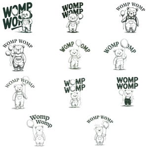 May include: A set of 12 black and white illustrations of a teddy bear holding a balloon with the word "WOMP" repeated in various configurations.