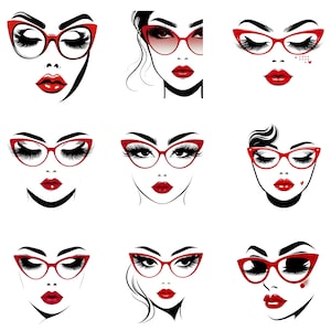 Peut inclure: Neuf illustrations de visages de femmes avec du rouge à lèvres rouge et des lunettes de soleil rouges en forme d'œil de chat. Chaque illustration a une coiffure et une expression différentes.