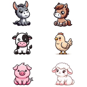 Cute Farm Animals Clipart Bundle | Donkey, Horse, Cow, Chicken, Pig, and Sheep PNGs for Crafts, DIY, Kids Decor, and More