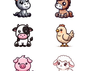 Cute Farm Animals Clipart Bundle | Donkey, Horse, Cow, Chicken, Pig, and Sheep PNGs for Crafts, DIY, Kids Decor, and More