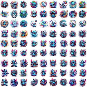 Puede incluir: Una colección de 49 ilustraciones digitales coloridas que presentan un personaje alienígena azul con orejas grandes y una expresión traviesa. El personaje se representa en varias poses y rodeado de salpicaduras de pintura coloridas.