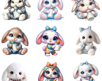 Adorable Baby Bunny with Bottle PNG Bundle | Cute Rabbit Clipart for Baby Showers, Kids Crafts, Stickers, & More | Baby Bunny PNG Designs