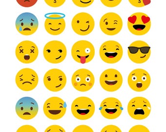 May include: A set of 36 yellow emoji faces with different expressions, including happy, sad, surprised, angry, and in love. The emojis are all in a circle shape with black outlines.