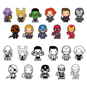 Paquete de Svg de superhéroes chibi, lindas imágenes prediseñadas de los Vengadores, descarga digital de dibujos animados de superhéroes, héroes de Marvel imprimibles, arte de héroes kawaii