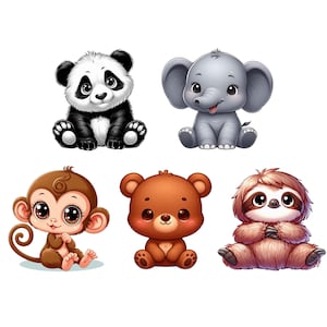 Lindo conjunto de imágenes prediseñadas PNG de animales bebés / Adorables diseños de panda, elefante, mono, oso y perezoso / Arte digital para manualidades y decoración