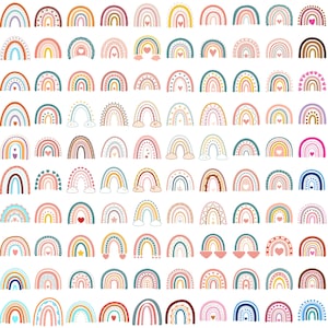 Puede incluir: Un conjunto de 64 ilustraciones de arcoíris coloridos con varios patrones y diseños. Los arcoíris están en tonos de rosa, azul, amarillo, naranja y verde. Algunos arcoíris tienen corazones, estrellas o nubes.