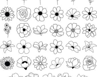 Floral Line Art Svg Bundle, Hand-Drawn Flower Clipart, Minimalist Botanical Illustration, Black and White Floral Digital Download