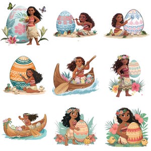 Pode incluir: Uma coleção de nove ilustrações com um personagem de desenho animado decorando ovos de Páscoa. O personagem está usando uma coroa de flores e uma saia de grama. As ilustrações mostram o personagem pintando ovos, navegando em canoa e segurando um ovo.