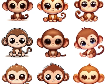Cute Monkey PNG Clipart Bundle | Adorable Baby Monkey Illustrations | Cartoon Animal Graphics | Digital Download for Crafts