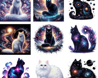 Galaxy Cat Clipart Bundle | Cosmic Cats with Space Themes | Mystical Universe Cat Art for Sublimation, Crafts, and DIY Decor