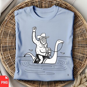 Funny Cowboy Bigfoot PNG, Loch Ness Monster Clipart, Sasquatch Riding Nessie, Western Cryptid Sublimation, Black and White Line Art