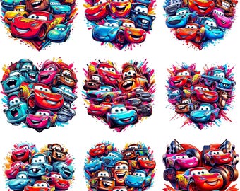 May include: Nine colorful heart-shaped designs featuring cartoon cars. Each heart is filled with various car characters in shades of red, blue, yellow, and green. The designs have a vibrant, playful aesthetic, perfect for children's products.