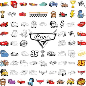 Peut inclure: Une collection d'illustrations colorées et en noir et blanc mettant en vedette des personnages et des symboles du film d'animation "Cars". Comprend des images de voitures de course, le chiffre 95, des trophées et le logo "Cars".