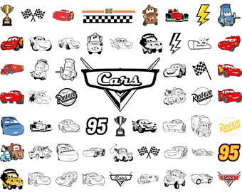May include: A collection of colorful and black-and-white illustrations featuring characters and symbols from the animated movie "Cars." Includes images of race cars, the number 95, trophies, and the "Cars" logo.
