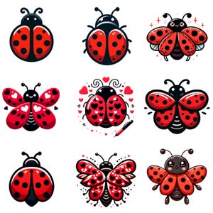 May include: Nine different illustrations of ladybugs in various poses. Some ladybugs have hearts on their wings, others have wings spread out, and some are in a more traditional ladybug shape. All ladybugs are red with black spots.