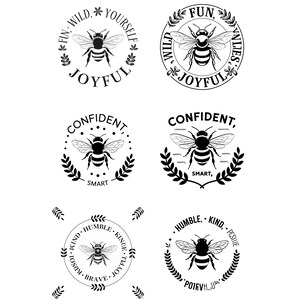 Pode incluir: Seis ilustrações de abelhas em preto e branco com texto ao redor. O texto inclui palavras como "fun, wild, joyful, confident, humble, kind, positive".