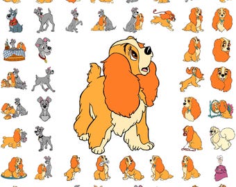 May include: A cartoon illustration of a brown and white dog with orange fur. The dog is looking up and has a pink nose. The dog is surrounded by other cartoon dogs in various poses.