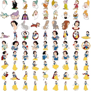 Può includere: Una collezione di illustrazioni di cartoni animati colorati con Biancaneve e i Sette Nani. Le illustrazioni raffigurano varie scene del classico film Disney, tra cui Biancaneve che interagisce con i nani, la Regina Cattiva e il Principe.