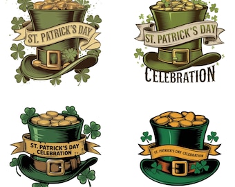 PNG del día de San Patricio, clipart de sombrero de duende vintage, PNG de monedas de oro irlandesas, diseño de trébol de la suerte, sublimación irlandesa retro
