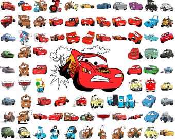 Op de afbeelding: Een verzameling cartoonautokarakters uit de Disney Pixar film Cars. De karakters zijn allemaal in verschillende kleuren en ontwerpen, waaronder rood, blauw, groen, geel en oranje. De karakters lachen allemaal en zijn blij. De karakters staan allemaal in verschillende poses, sommigen staan, sommigen zitten en sommigen rijden. De karakters staan allemaal op een witte achtergrond.