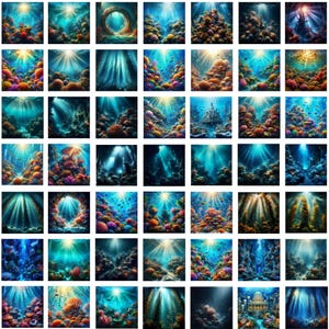May include: A collection of 36 underwater scenes featuring colorful coral reefs, fish, and sunbeams shining through the water. The scenes are arranged in a grid pattern.