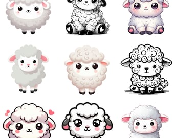 Adorable Sheep Clipart Bundle | Cute Kawaii Sheep Illustrations for Kids Crafts, DIY Stickers, Nursery Art Decor, Digital Download