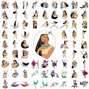 Op de afbeelding: Een verzameling cartoonafbeeldingen met een indiaanse vrouw met lang zwart haar, een bruin-witte wasbeer, een kolibrie en een man met bruin haar. De afbeeldingen zijn in verschillende poses en omgevingen, waaronder een bos, een weide en een rivier.