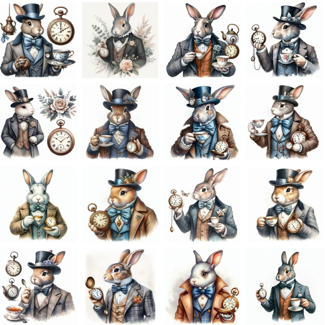 Vintage Dapper Rabbit Illustration Bundle | Steampunk Bunny Art | High ...