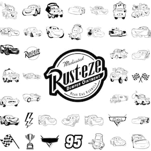 Könnte beinhalten: Schwarz-weiße Strichzeichnungen verschiedener Comic-Autos, darunter ein Rennwagen, ein Abschleppwagen und ein Pickup. Die Illustrationen sind vor einem weißen Hintergrund angeordnet. Der Text "Rust-eze Medicated Bumper Ointment Rear End Formula" ist in einem Kreis dargestellt.