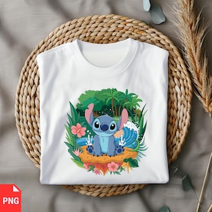 Pobierz cyfrowo plik PNG Stitch, urocze tropikalne ściegi clipart, sublimacja ściegu hawajskiego na plaży, niebieski projekt komiksowy Alien
