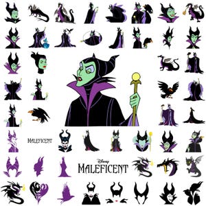 Puede incluir: Una colecci&oacute;n de ilustraciones del personaje de Mal&eacute;fica en varias poses y estilos. Las ilustraciones presentan a Mal&eacute;fica con su ic&oacute;nico vestido negro y morado, con sus cuernos, alas y bast&oacute;n. El texto "Disney Mal&eacute;fica" tambi&eacute;n est&aacute; incluido en la imagen.