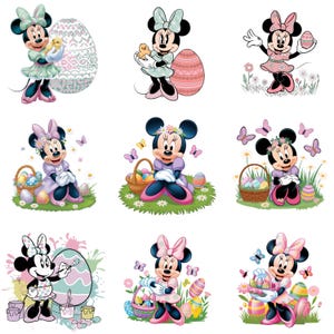 May include: Nine images of Mickey Mouse dressed in different Easter outfits. Each image features Mickey Mouse holding an Easter egg or basket of eggs. The images are set against a white background.