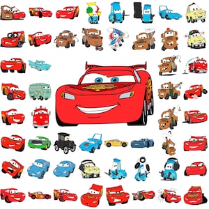 May include: A collection of cartoon cars, including a red race car with a wide smile, a blue car with a black stripe, and a yellow car with a black stripe. The cars are all in different poses, some are driving, some are parked, and some are in the air.