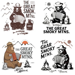 Great Smoky Mountains Bear PNG, Vintage Bear Playing Accordion Clipart, Camping Bear Sublimation, Mountain Wildlife Art,Rustic Forest Design
