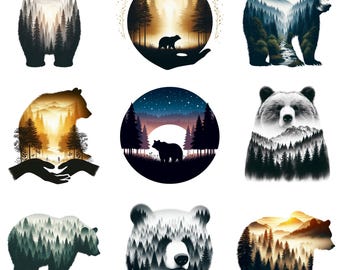 Forest Bear PNG Bundle | Nature-Inspired Bear Silhouettes | Wildlife PNG Designs for Crafts | Mountain Landscape Bear Illustrations