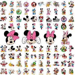 May include: A collection of various Mickey Mouse and Minnie Mouse character designs. The images include full-body illustrations, headshots, and holiday-themed depictions. The color palette is primarily black, white, red, and pink.