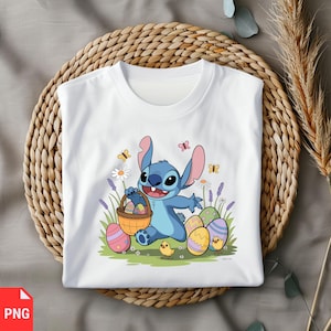 Stitch Easter PNG, Cute Stitch Egg Hunt PNG, Lilo Stitch Easter Clipart, Stitch Bunny Basket PNG, Pastel Spring Stitch Digital Art