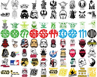 May include: A collection of 60 Star Wars and Baby Yoda themed iron-on designs. The designs feature various characters, logos, and phrases from the Star Wars universe, including Yoda, Darth Vader, Stormtroopers, and the Millennium Falcon. There are also several designs featuring Baby Yoda, the popular character from the Disney+ series The Mandalorian.