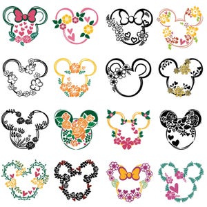 May include: A set of 16 black and white, and colorful floral Mickey Mouse head silhouette designs. The designs feature flowers, hearts, and bows.