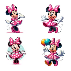 Op de afbeelding: Vier illustraties van een cartoonmuis die een roze jurk draagt met witte stippen en een roze strik. De muis staat in verschillende poses, waaronder het vasthouden van ballonnen, dansen en staan met uitgestrekte armen.