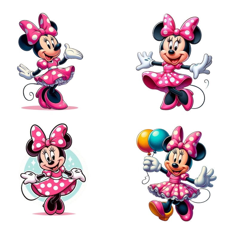 Op de afbeelding: Vier illustraties van een cartoonmuis die een roze jurk draagt met witte stippen en een roze strik. De muis staat in verschillende poses, waaronder het vasthouden van ballonnen, dansen en staan met uitgestrekte armen.
