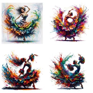 May include: Four paintings of a woman in a colorful flamenco dress, with paint splatters around her. The woman is in different poses, with her arms outstretched and her skirt flowing.