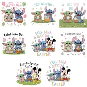 Peut inclure: Un ensemble de six designs numériques mettant en scène les personnages Baby Yoda et Stitch des films Disney Star Wars et Lilo & Stitch. Les designs présentent les personnages tenant des œufs de Pâques et des paniers, avec du texte qui dit "Cutest Easter Duo", "Egg-stra Special Easter", et "Cuteet Easter Duo".