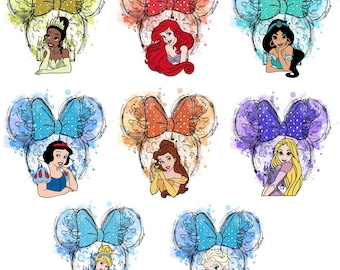 May include: Nine digital illustrations of Disney princesses with watercolour backgrounds. Each princess is wearing a bow on their head, and the bow is in a different colour and pattern. The princesses are: Tiana, Ariel, Jasmine, Snow White, Belle, Rapunzel, Cinderella, and Elsa.
