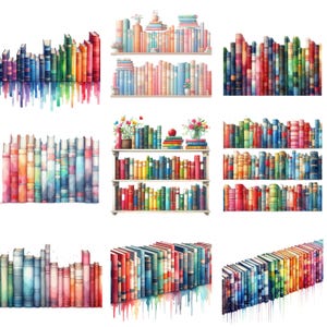 Può includere: Un'illustrazione ad acquerello di nove diversi arrangiamenti di libri colorati. I libri sono impilati su scaffali, in file e a cascata. I libri sono di diverse dimensioni e colori, e alcuni hanno elementi decorativi come fiori e una piccola mela.