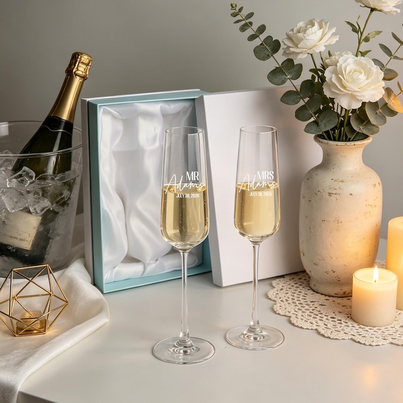 May include: Two champagne flutes filled with a golden liquid, labeled "Mr. Adams" and "Mrs. Adams July 30, 2021". A bottle of champagne in an ice bucket and a decorative gold geometric candle holder are also visible.