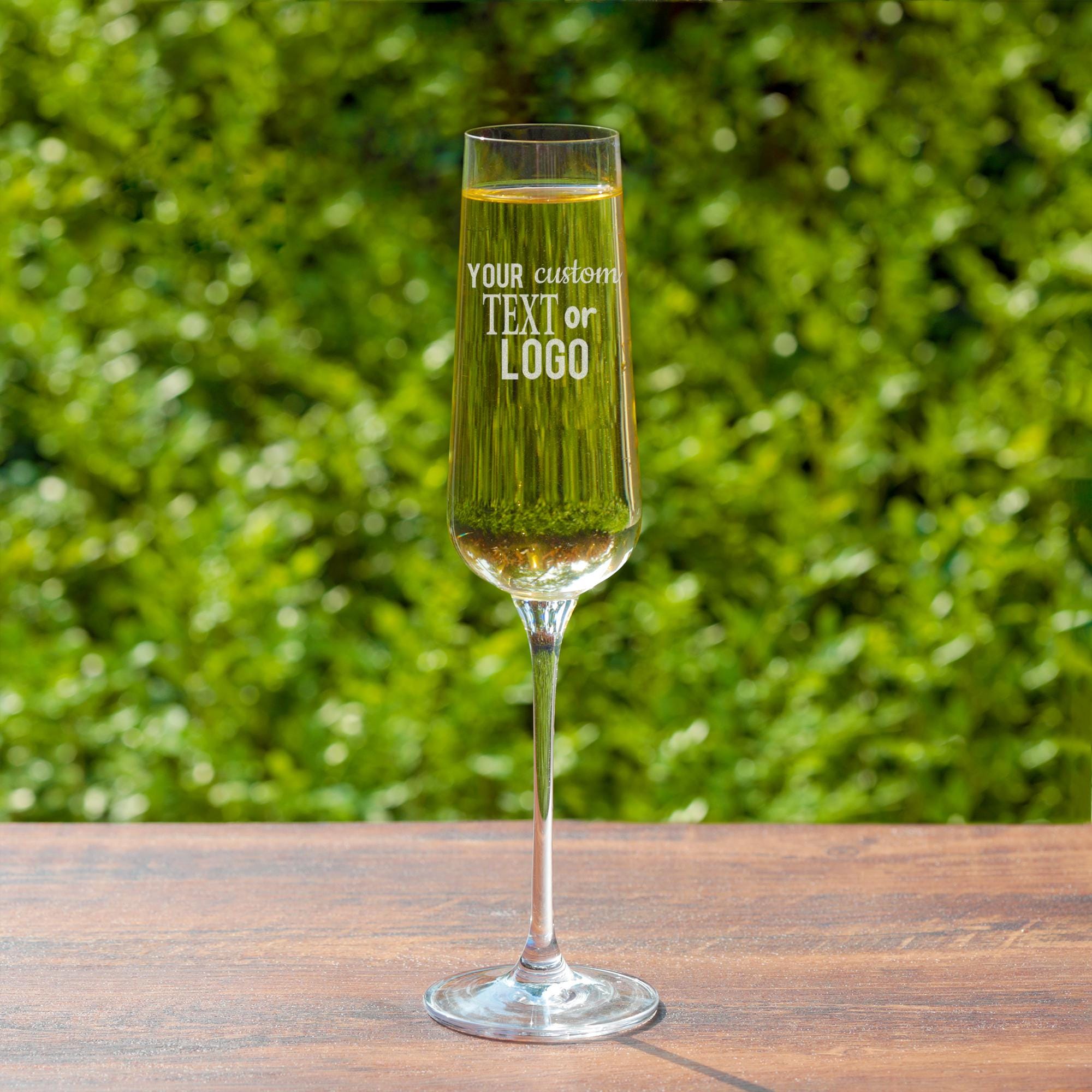 Custom Champagne Flutes, Custom Logo Champagne Glass with Bulk Pricing - Great for Wedding Favors, Party Favors and New Year’s Eve